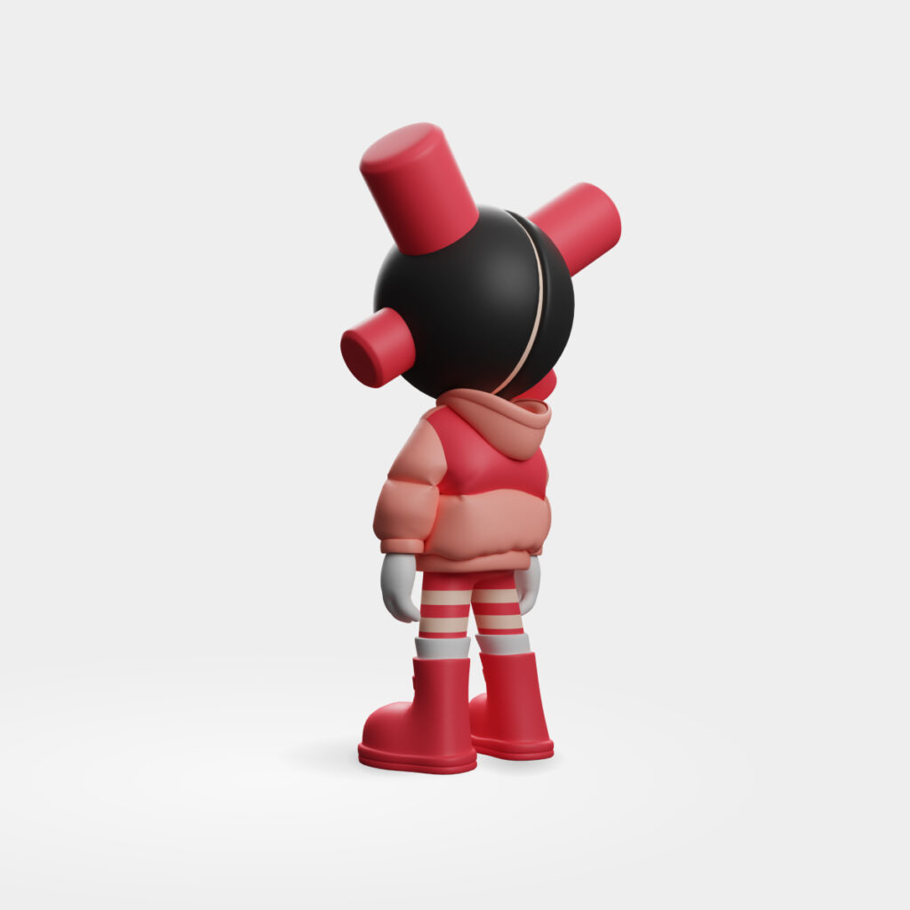Art toy EQSO Cherry Lady vu de trois quarts dos