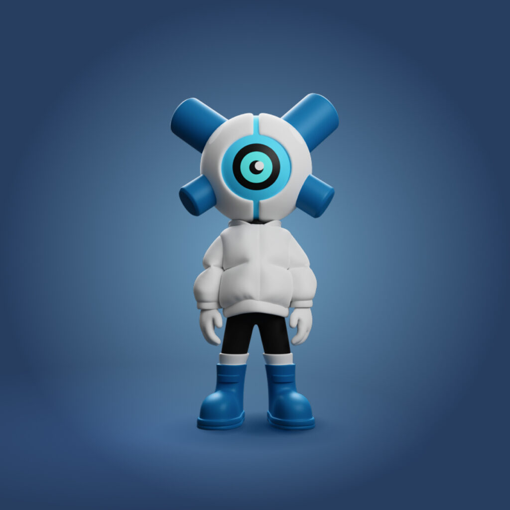 Art toy vinyle EQSO Deep Blue 12,5 cm de face, blanc et bleu avec un œil de cyclope