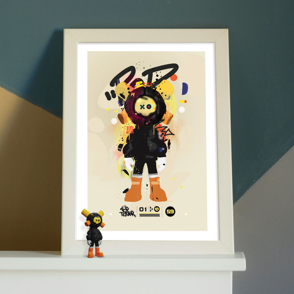 Framed MEDA XO1 poster, Black Skully version, with the mini EQSO figure