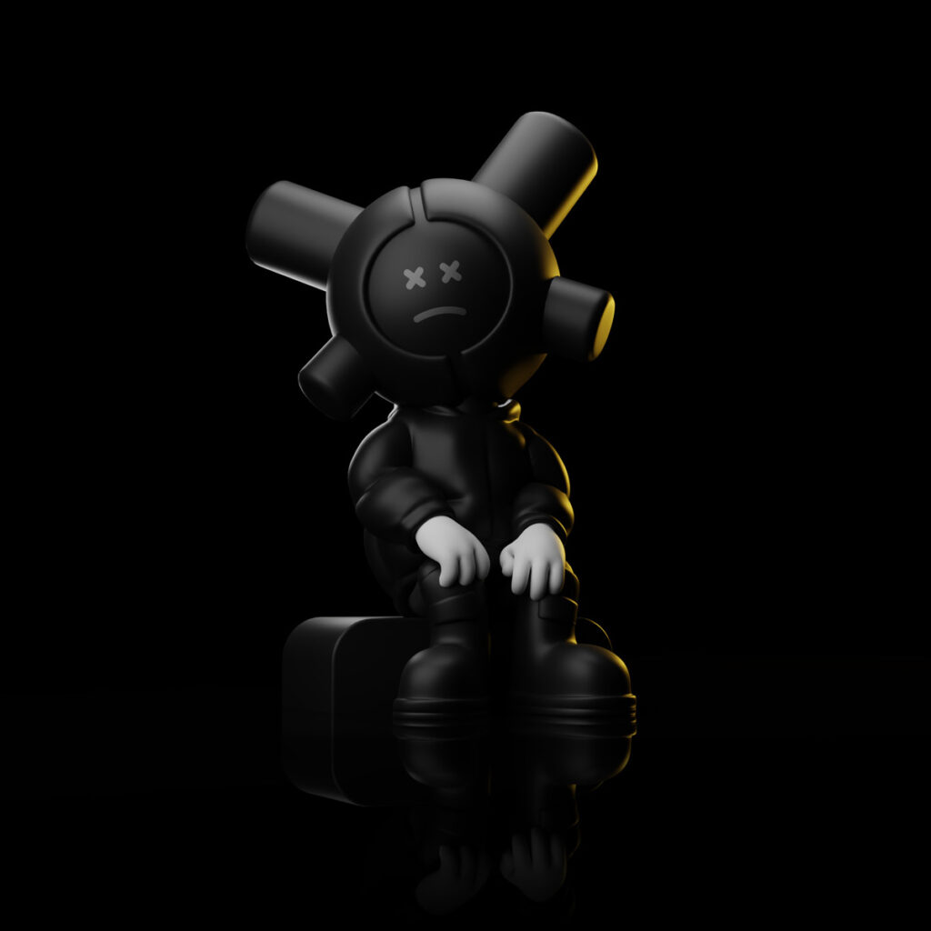 Figurine EQSO noire assise, rendu 3D sur fond noir