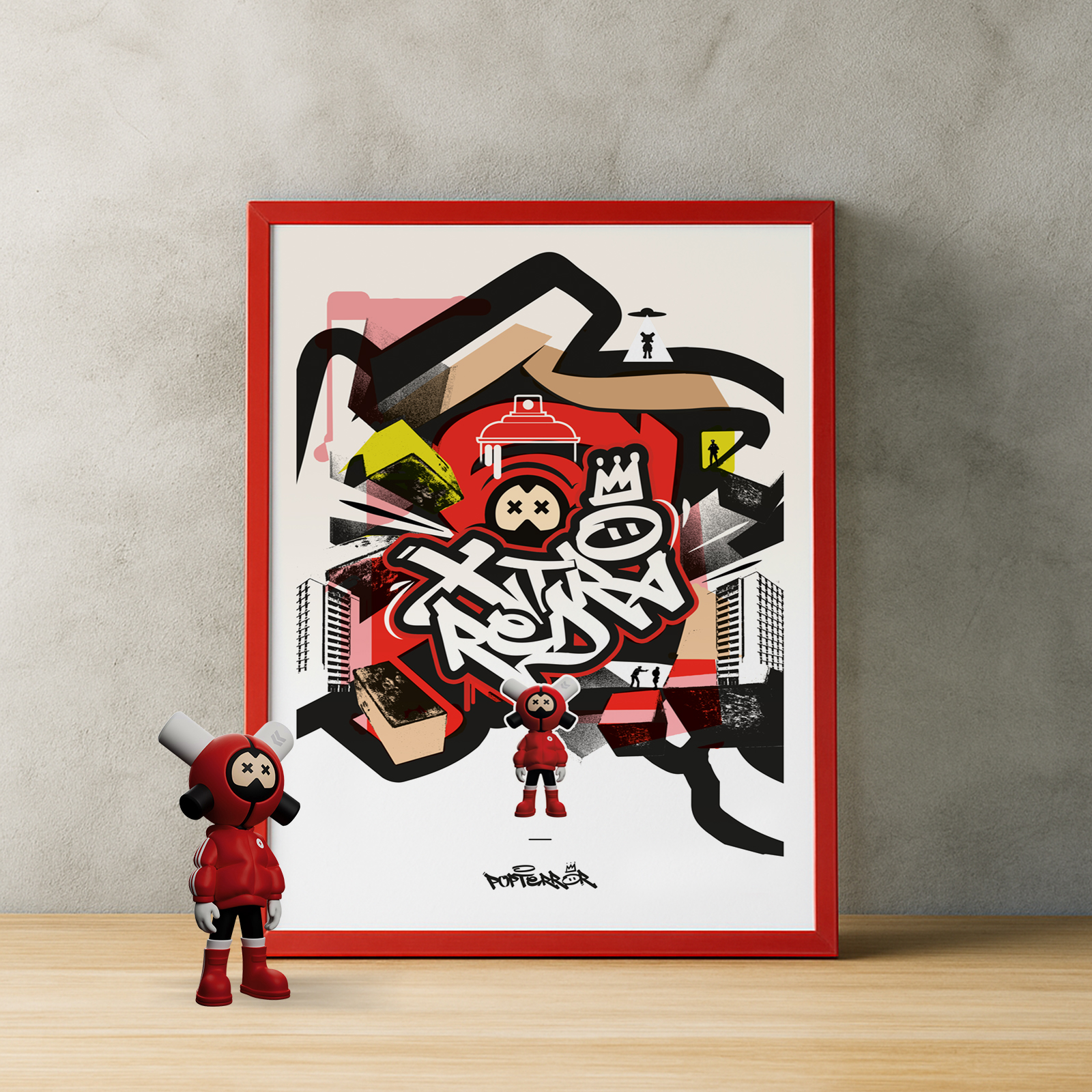 Affiche EQSO Xtra Red encadrée avec l'art toy Xtra Red posé devant