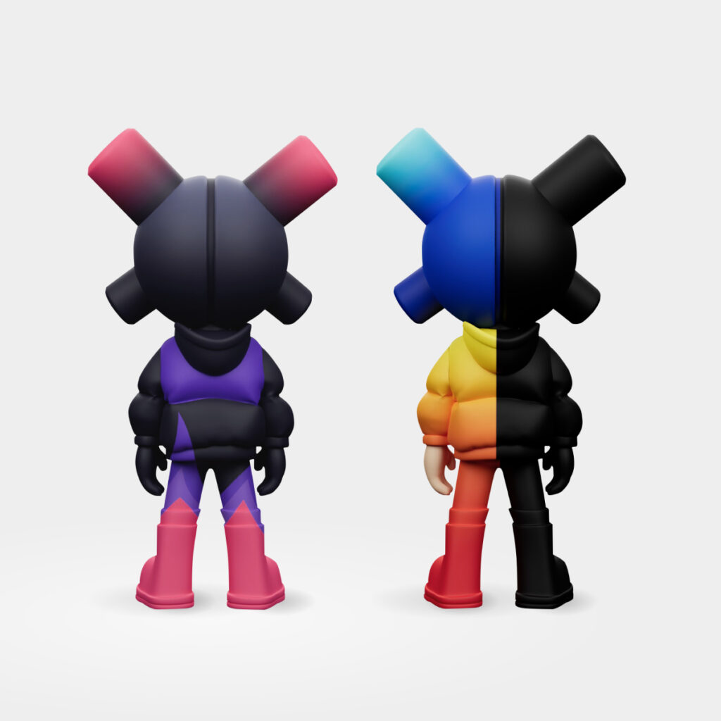 Art toys EQSO Purple Fire et Dark Light vus de dos