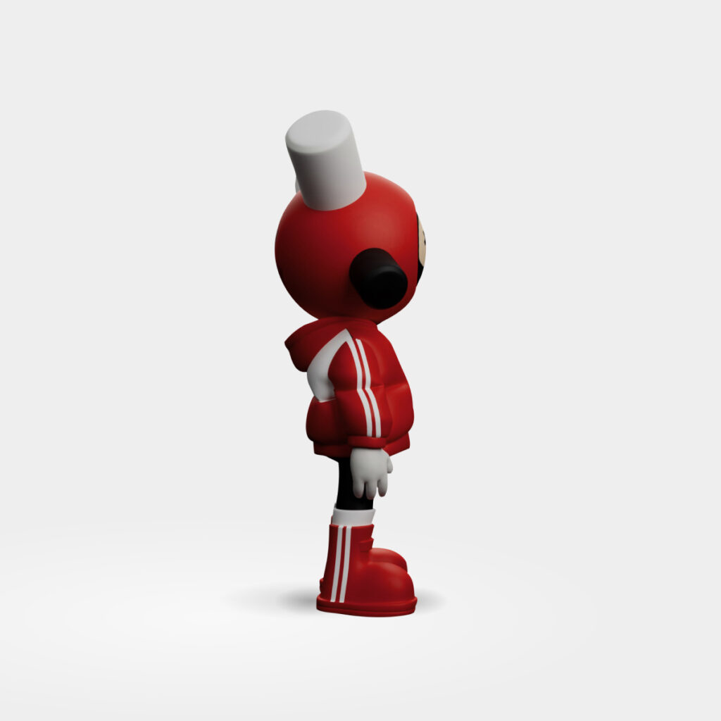 Art toy EQSO Xtra Red vu de profil, survêtement à bandes