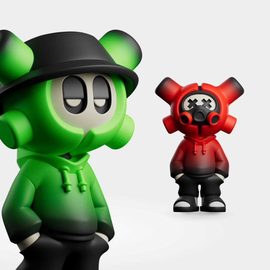 Deux figurines EQSO The Crew : la verte au bob et la rouge au masque à gaz
