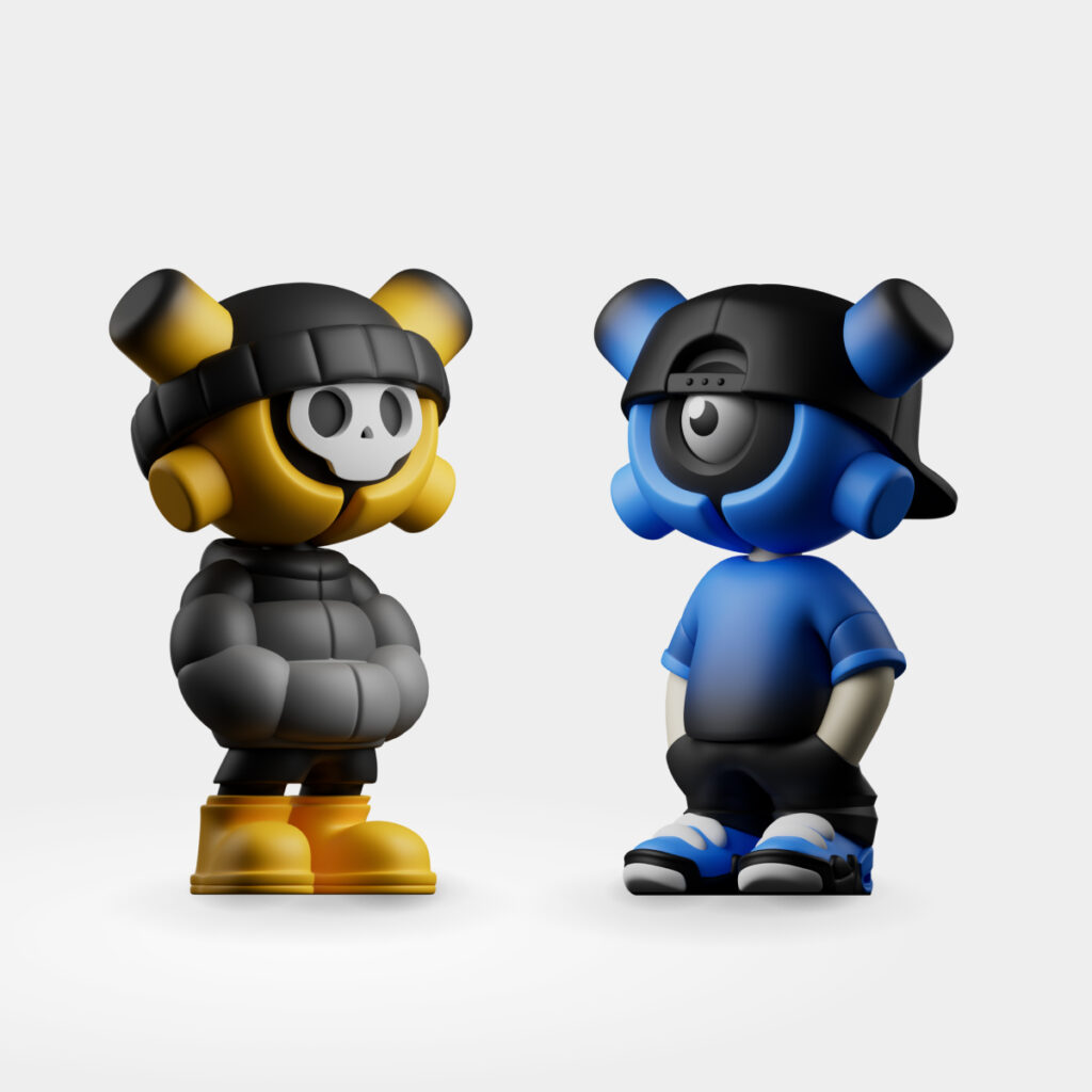Deux figurines EQSO The Crew : la jaune au bonnet et la bleue à la casquette