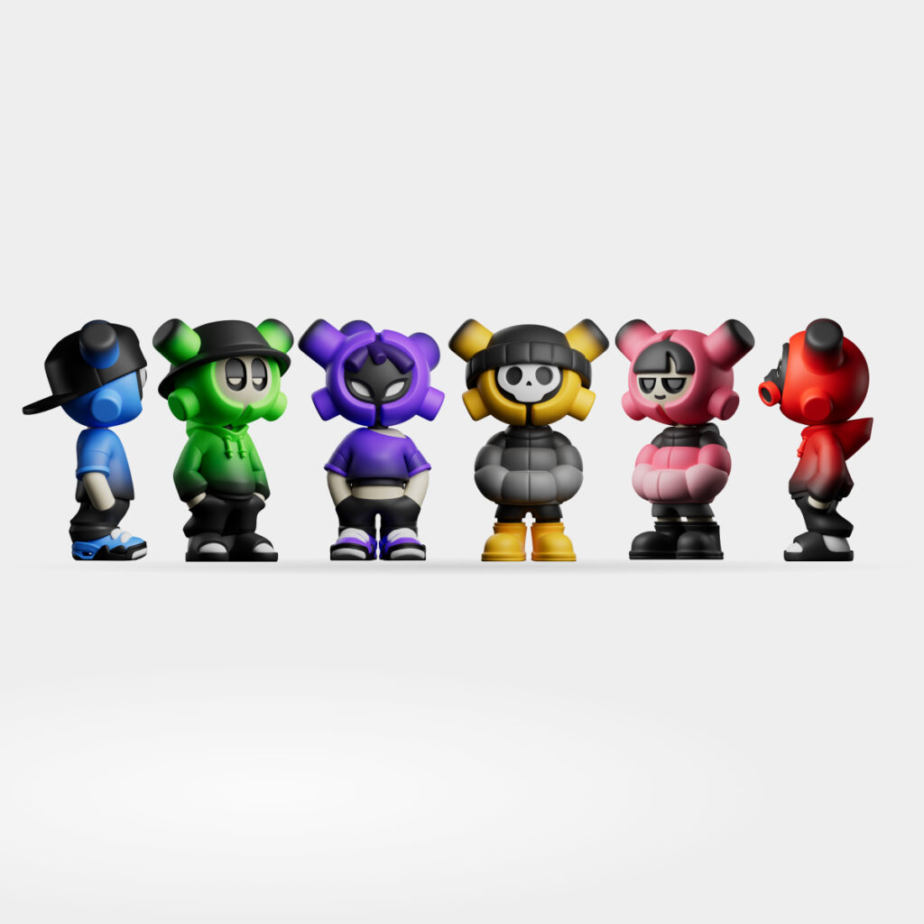 Les 6 figurines de la blind box EQSO The Crew alignées, environ 8-9 cm chacune