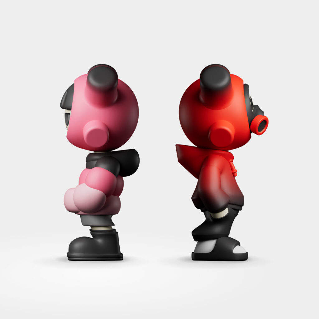 Figurines EQSO The Crew rose et rouge vues de profil