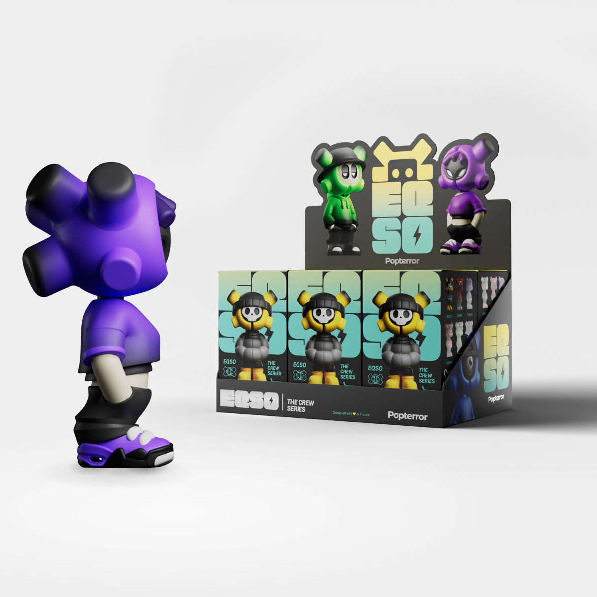 Display de 6 blind box EQSO The Crew avec la figurine violette au premier plan
