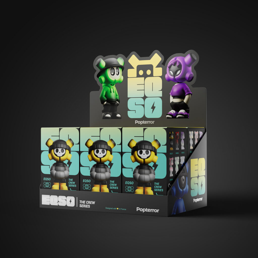 Display complet de 6 blind box EQSO The Crew sur fond noir