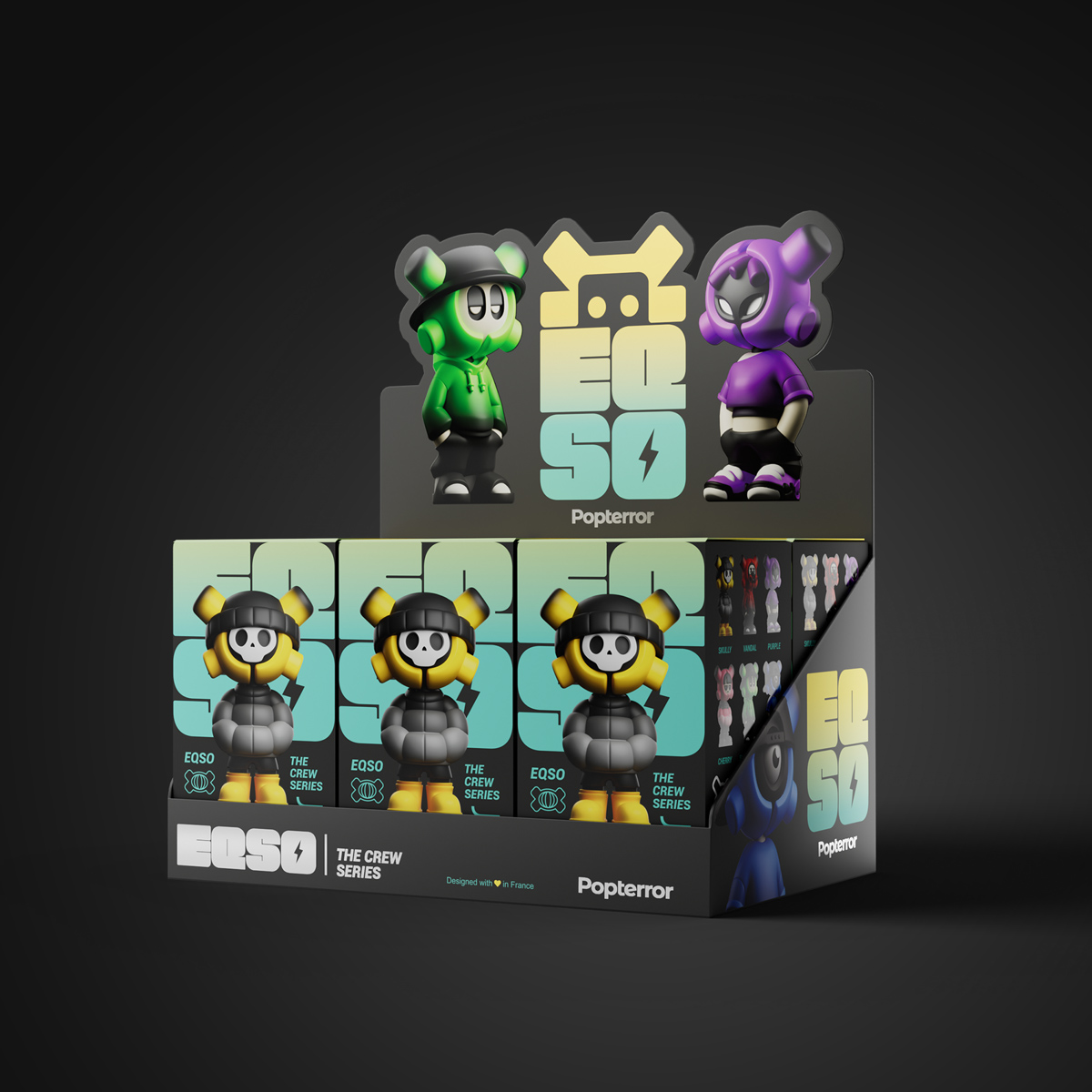 Complete EQSO The Crew display of 6 blind boxes on a black background