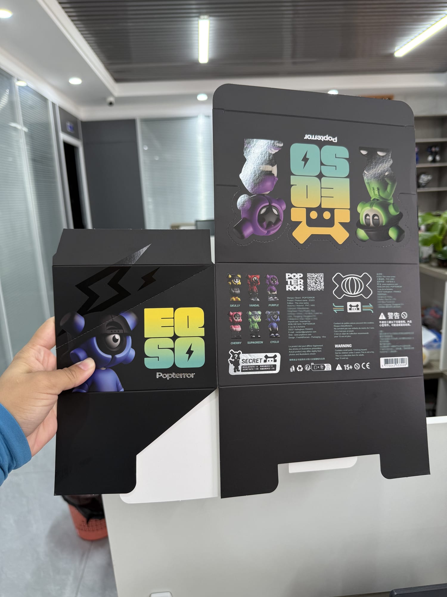 Printed EQSO The Crew blind box display, held flat before assembly