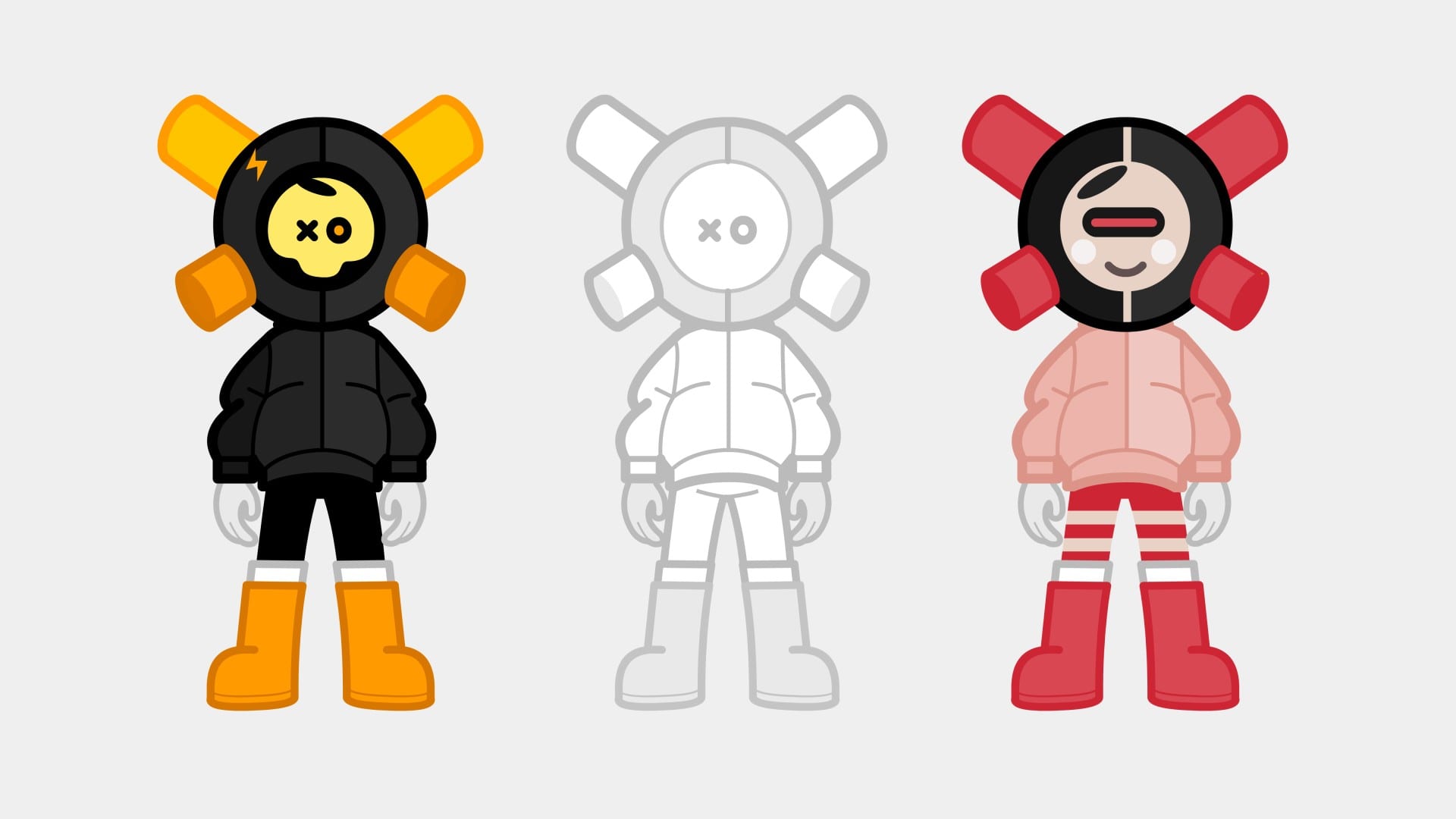 Three front-view 2D drawings of EQSO: a grey base in the centre, a black and yellow version and a pink and red version