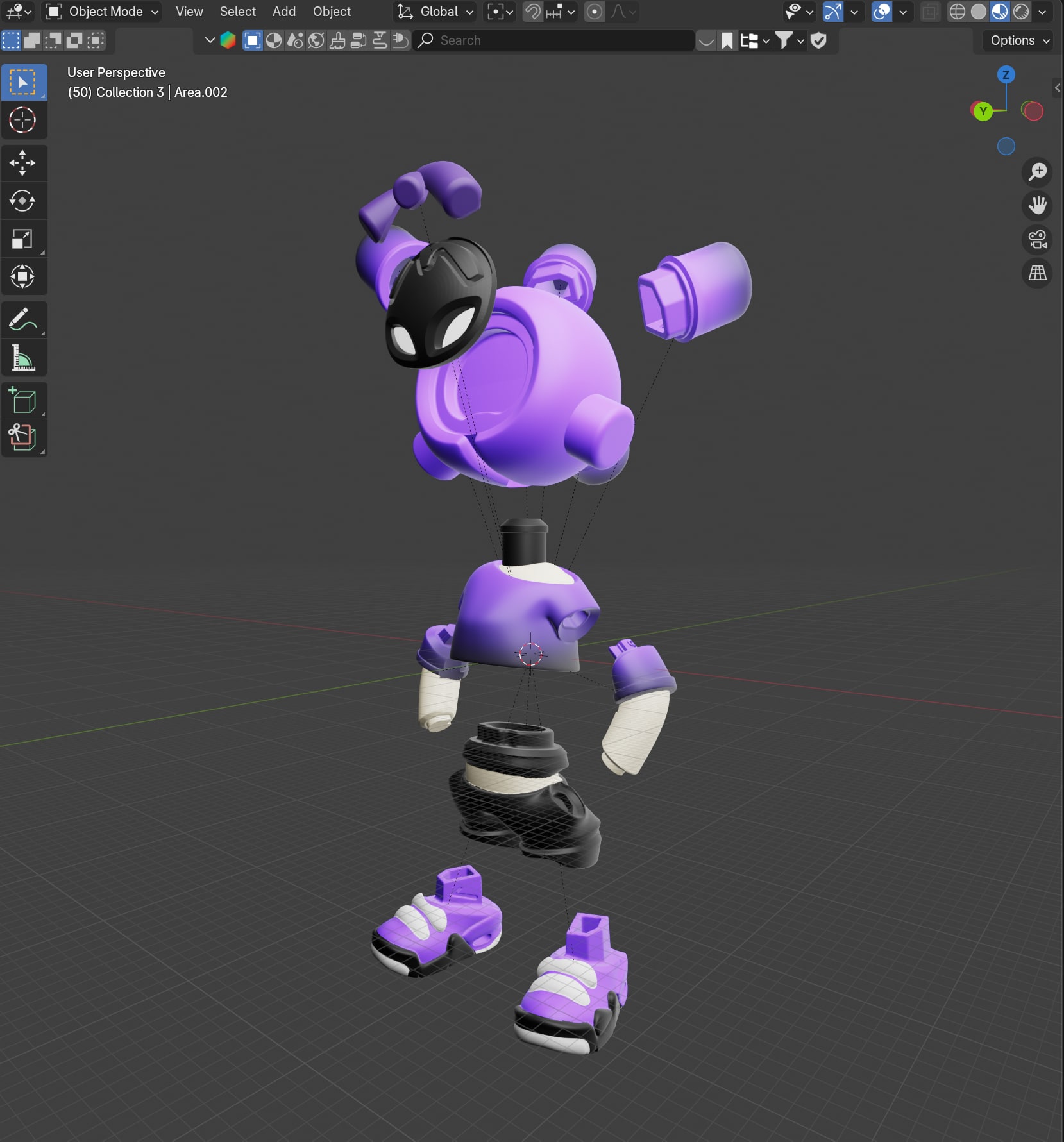 Exploded view of the 3D model of an EQSO The Crew figure: head, mask, torso, arms, legs and shoes as separate parts
