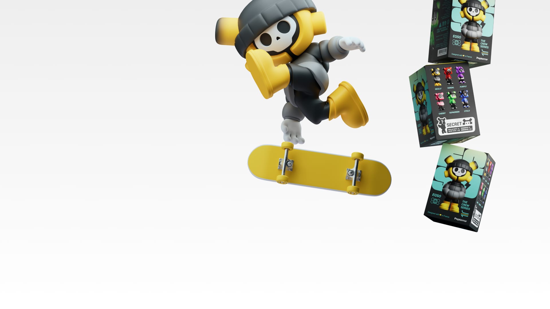 EQSO The Crew figure mid-air on a skateboard next to the blind boxes
