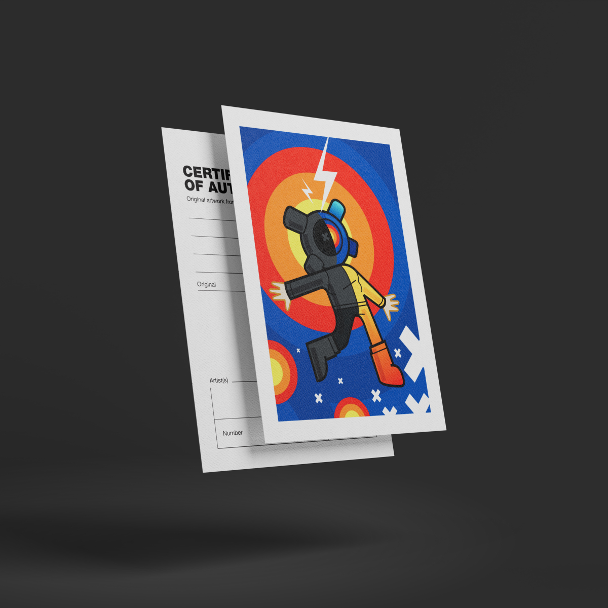 Certificat d'authenticité et carte illustrée de l'art toy EQSO Dark Light
